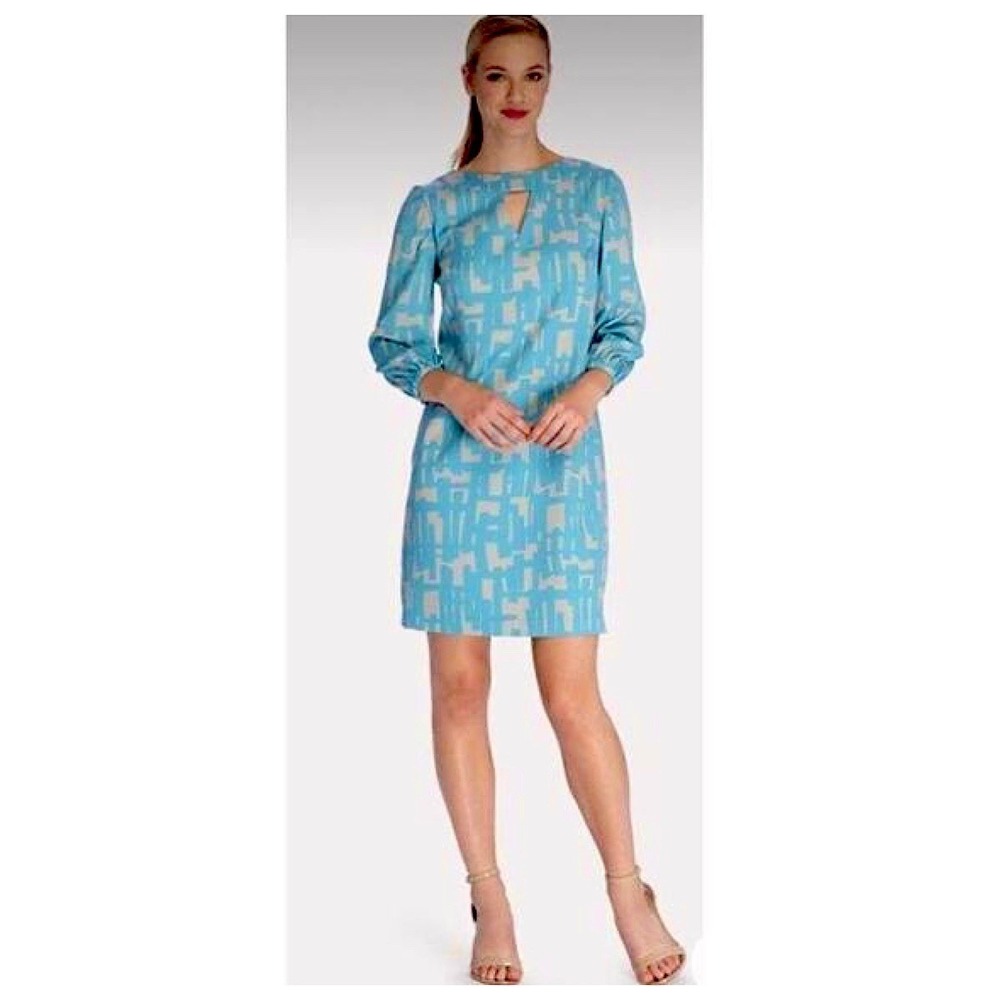 Tahari Arthur S. Levine Shift Dress Womens Sz 10 Blue Grey Geo Keyhole Neck
